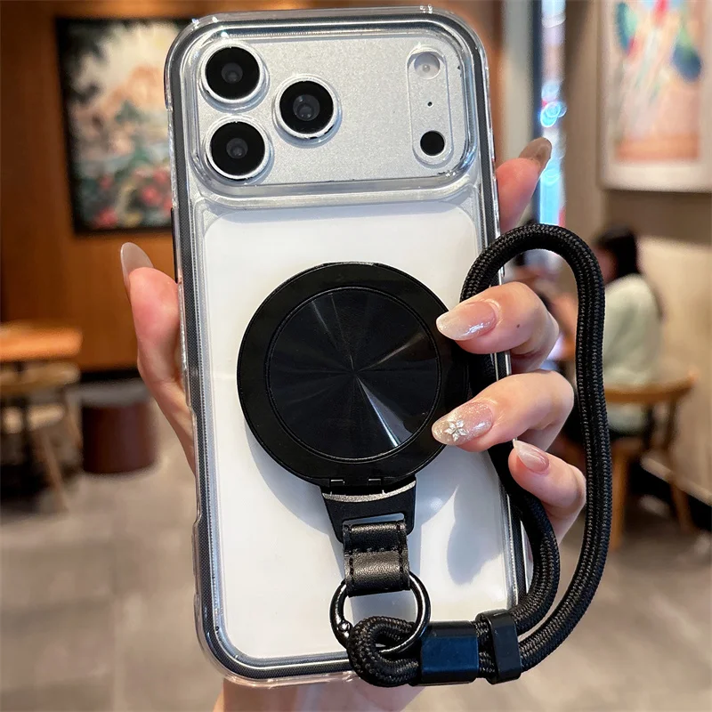 

Transparent Rotating 360° Rotatable With Lanyard Phone Case For iPhone 12 13 14 15 16 17 Pro Max Plus Shockproof Protect Cover