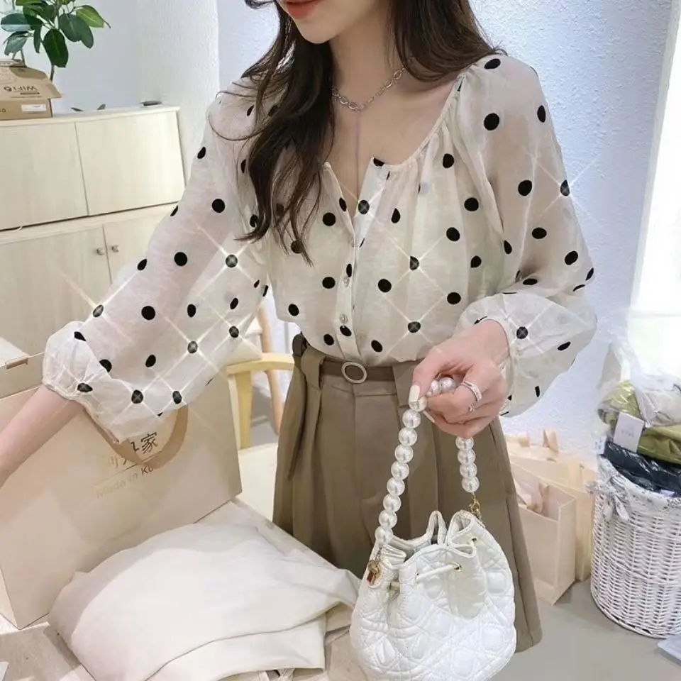 Polka Dot Long Sleeved Top for Spring and Autumn New Style Round Neck Collarbone Exposed Shirt for Women Loose and Breathable