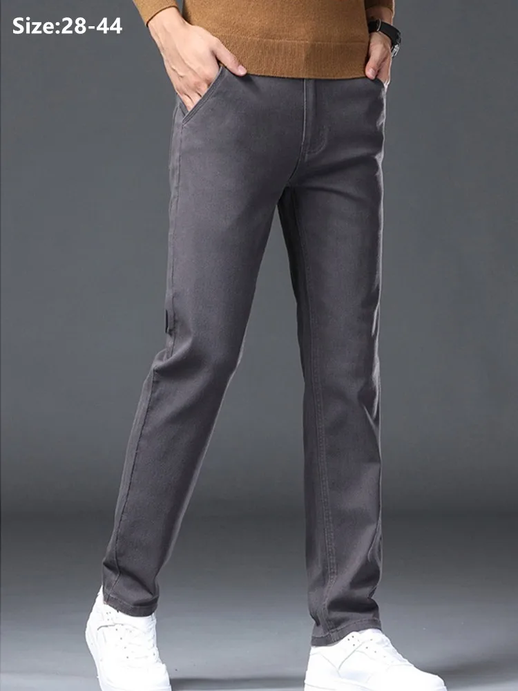 

Khaki Denim Jeans Men Slim Fit Gray 96% Cotton Spring Autumn Casual Pants Plus Size Male Straight Stretched 40 42 44 Trousers