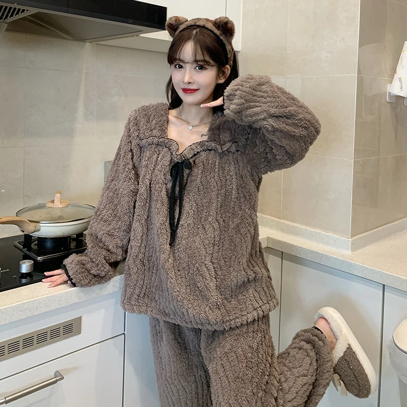 

Plus size pajamas women's winter Korean version double long suit square collar pullover flannel casual simple loose home clothes