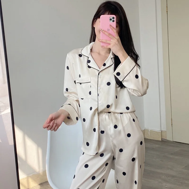 

Women 2 Piece Pajamas Set Polka Dot Pijama Faux Silk Satin Pyjama Female Sleepwear Long Sleeve Lapel Shirt Pants Suits Homewear