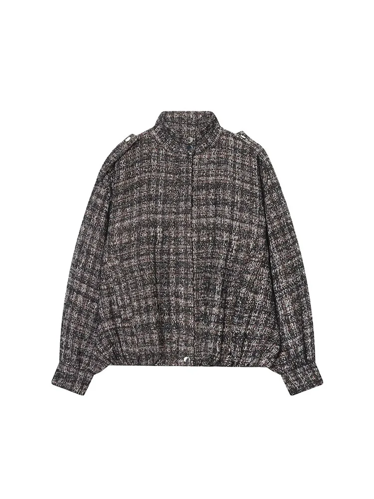 

HH Women Long Sleeves Plaid Metallic Thread Bomber Jacket Female Chic Zipper Button Decoration Street Style Casual Loose Coat