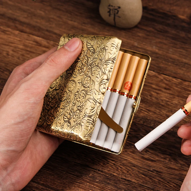 Retro Smoke Box Cigarette Case for 20 Man Cigarettes Copper Hand-carved Cigarette Flick Case Holder Smoking Tools Gifts with Box