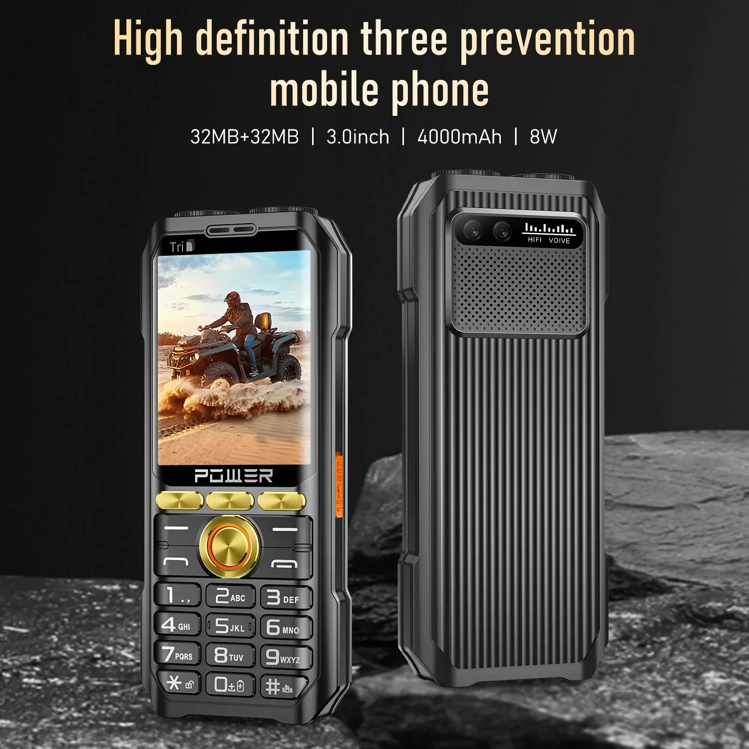 M10 Power Bank Mobile Phone, 2.8 Inch, 3Sim Card, MP3, Wireless FM, 0.3MP, 3600mAh, Big Horn, Dual Torch, Push Button, Cellphone