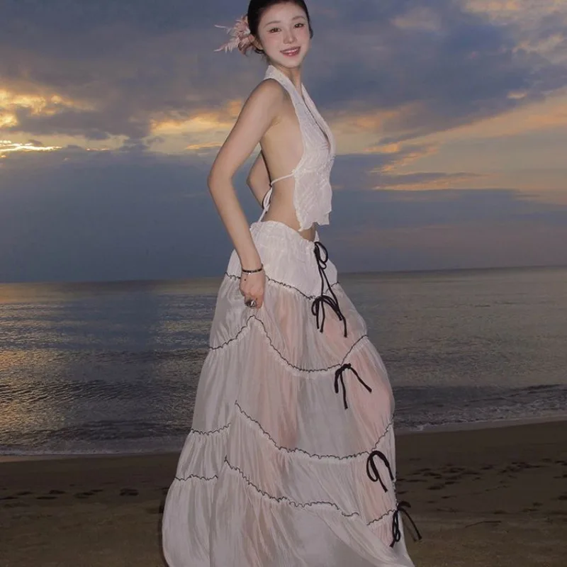 

Women Boho Two Piece Set Halter Pleated Crop Top and Layered Maxi Skirt Drawstring Detail Slim Fit Suit Beach Summer Outfit 2025