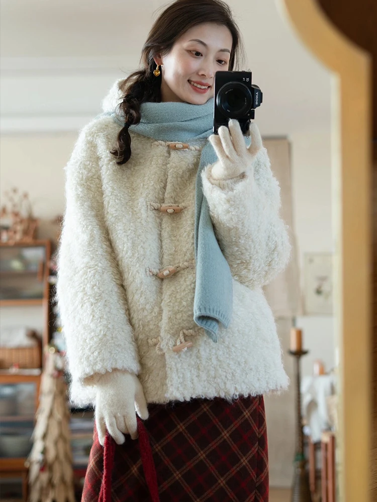 

Корейское повседневное утепленное пальто из искусственного меха под овчину для женщин, с капюшоном, экологичное, пушистое, зимнее, с длинными рукавами, свободного кроя