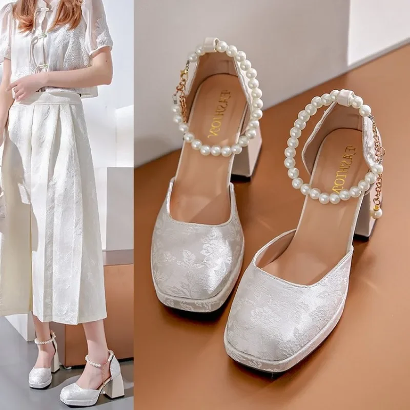 2024 New Silk Wedding Party Women Pumps Sandals Punk Style Platform Buckle Strap Thick Square High Heels Shoes