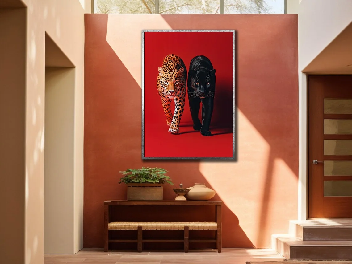 Leopard & Black Panther Wall Print Decor - Bold Digital Art of a Spotted Leopard and a Black Panther Walking Side by Side, Again