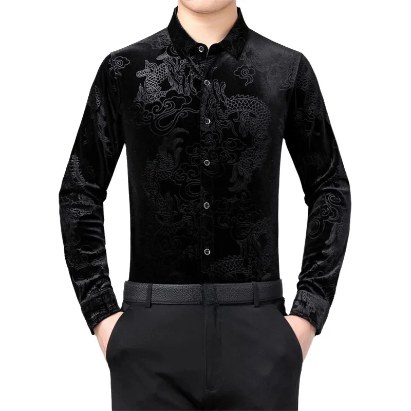 Men's Long Sleeve Shirt Chinese Loong Pattern Traditional Oriental Style Casual Formal Party Fashion Men's Wear