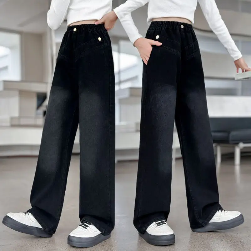 

Широкие джинсы для девочек-подростков, детские весенне-осенние корейские повседневные черные джинсовые брюки в стиле ретро, детские модные брюки с эластичной резинкой на талии