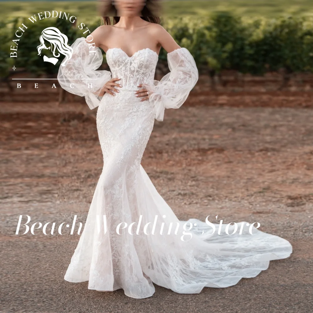 

Beach Customized Spaghetti Strap Zipper Back Applique Mermaid Feathers Flare Sleeves Fairy Garden Wedding Dress High quality