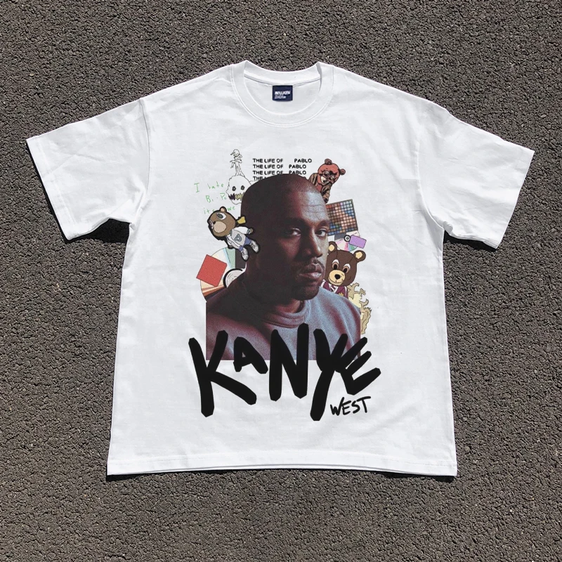 

Винтажная футболка с портретным рисунком Kanye West 100, хлопковые футболки High Street для мужчин и женщин, модная футболка в стиле хип-хоп большого размера с коротким рукавом