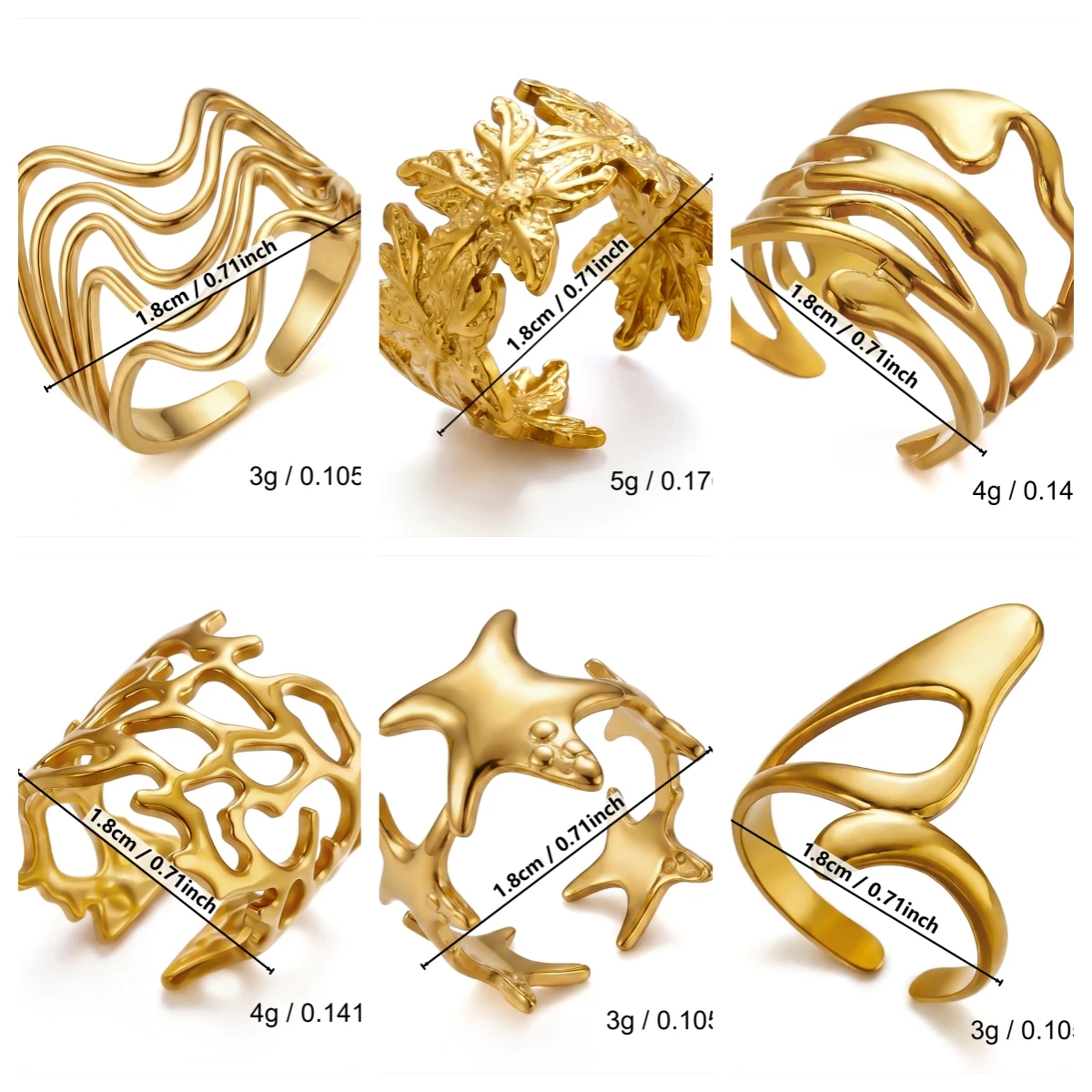 Gmai Delikates, unregelmäßiges, PVD-beschichtetes Edelstahl-Ringset für Damen, Vintage-geometrische Manschettenringe, wasserdichter Schmuck, Geschenk – Detail 7