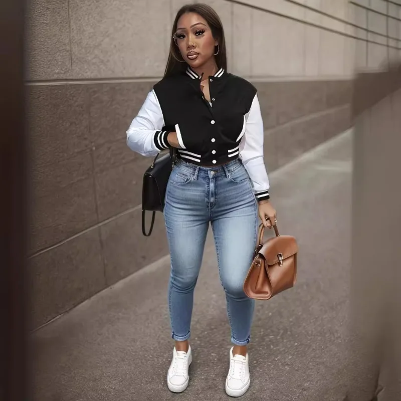 

2025 Spring and Autumn Women's Color Matching Jacket Single-breasted Letter Baseball Jersey Sports Jacket Jacket