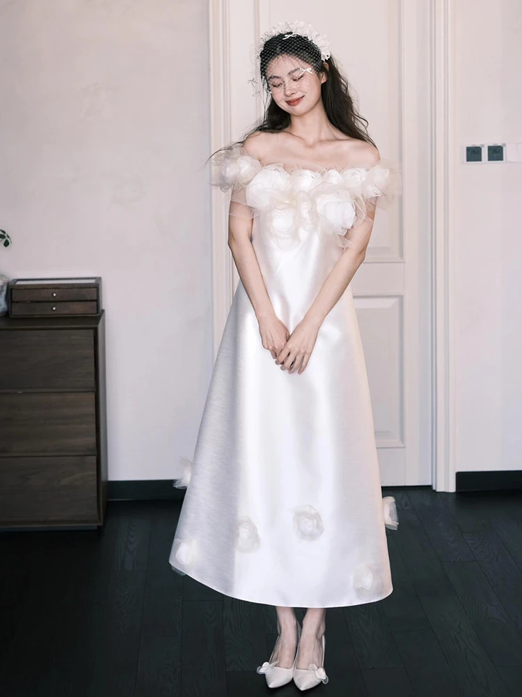 

Silk Satin One oulder Wedding Dr New 2026 Ele Bridal Robe Morning Gown High Waist A-Line Skirt Formal Ocn Dr