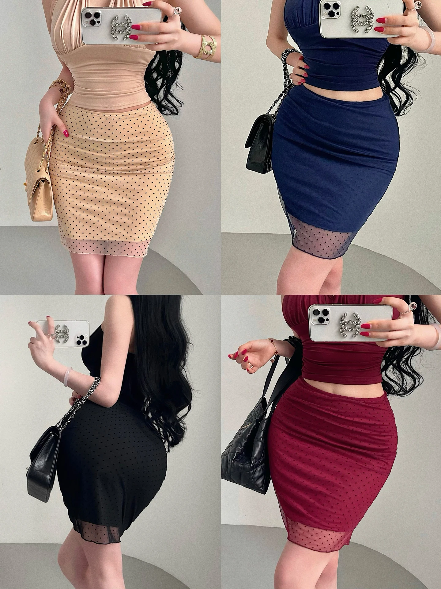 Korean Style High Waist Polka Dot Velvet Mesh Half Skirt Sexy Slimming Mid-Length Bodycon Skirt for Young Girls