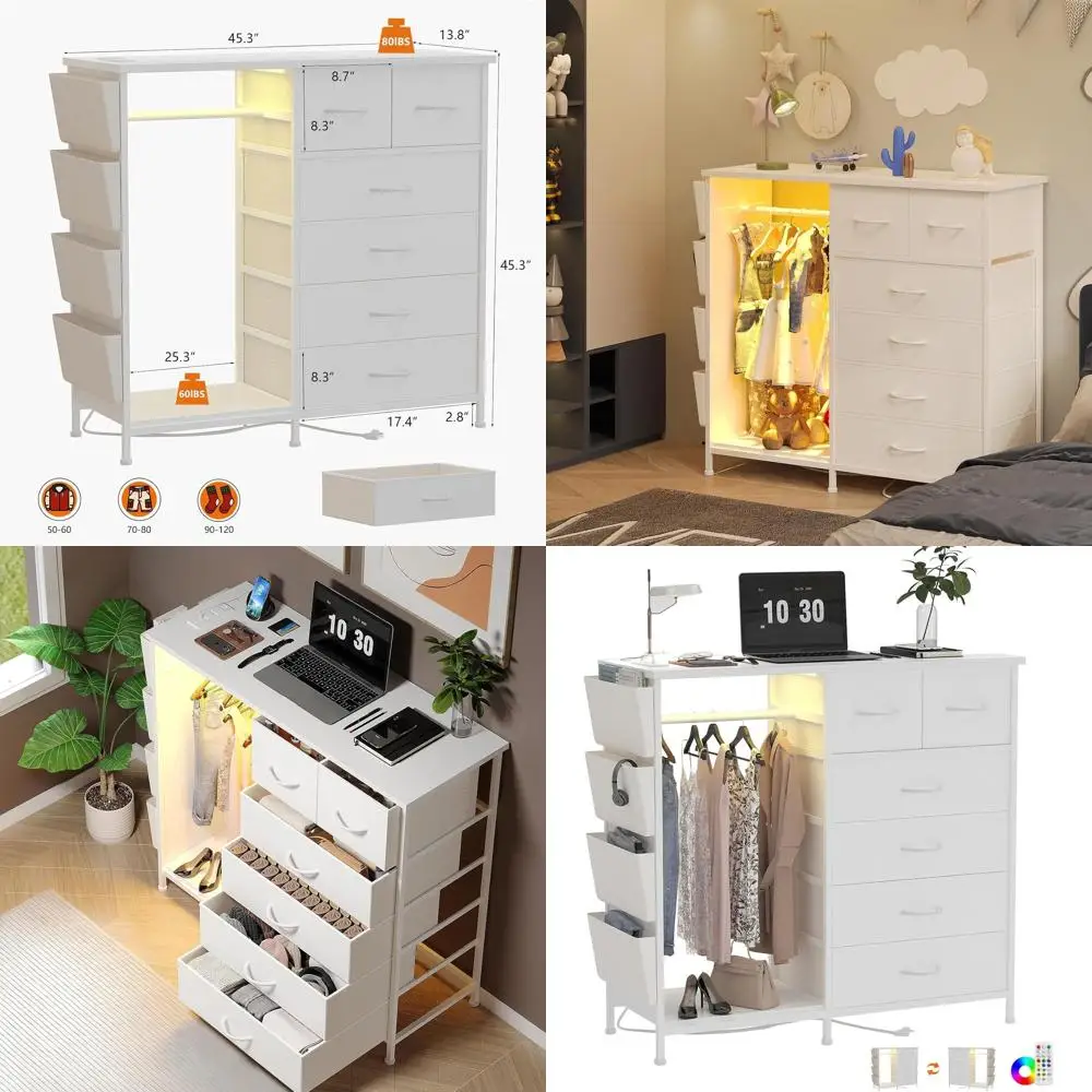 

Белая деревянная вешалка для одежды в спальню с боковыми карманами, крючками, зарядной станцией, светодиодной подсветкой и тканевым органайзером