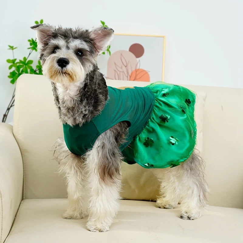 Green Clover Puppy Dog Dress St Patrick Day Pet Dog Tulle Skirt with Bowtie Lucky Clover Holiday Dresses for Small Dogs Cats