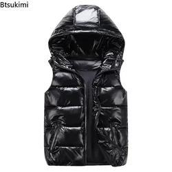 Chaleco ligero de algodón para hombre, abrigos para parejas, chaleco impermeable informal, Parkas sin mangas brillantes con capucha para invierno