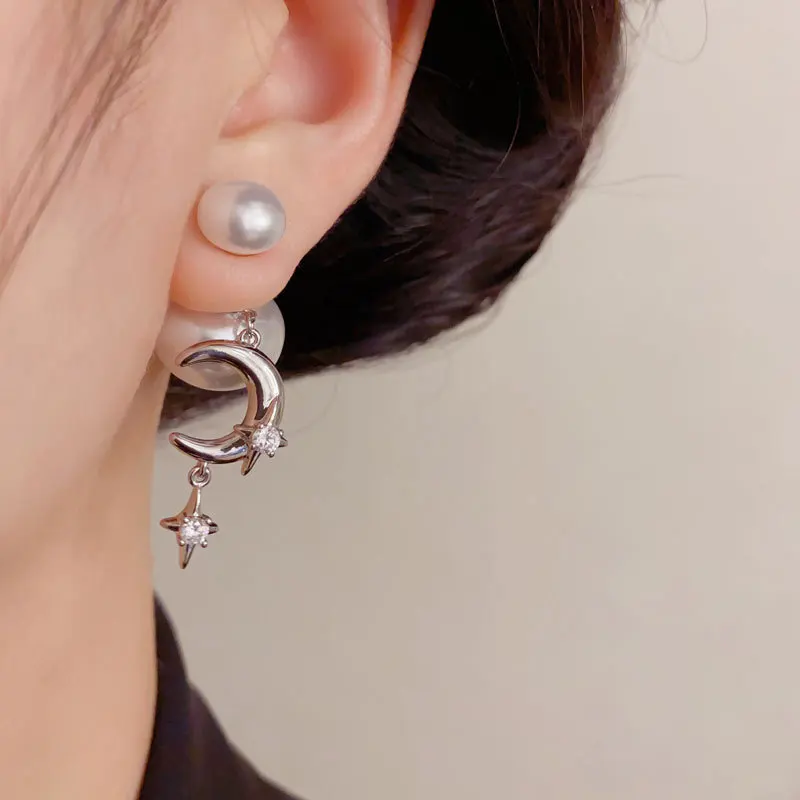 Fashion pearls wear star and moon fringed earrings before after women's personality temperament light luxury versatile earrings