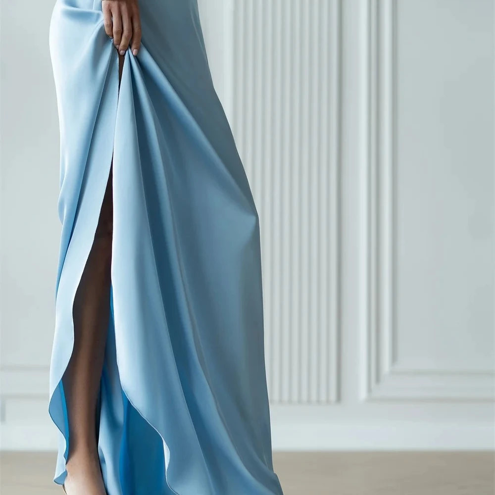 فستان رائع مخصص لحفلات العودة للوطن من الساتان الأزرق أنيق بكتف واحد وأكمام طويلة وسحاب خلفي مخصص فيستدو دي فيستا #4