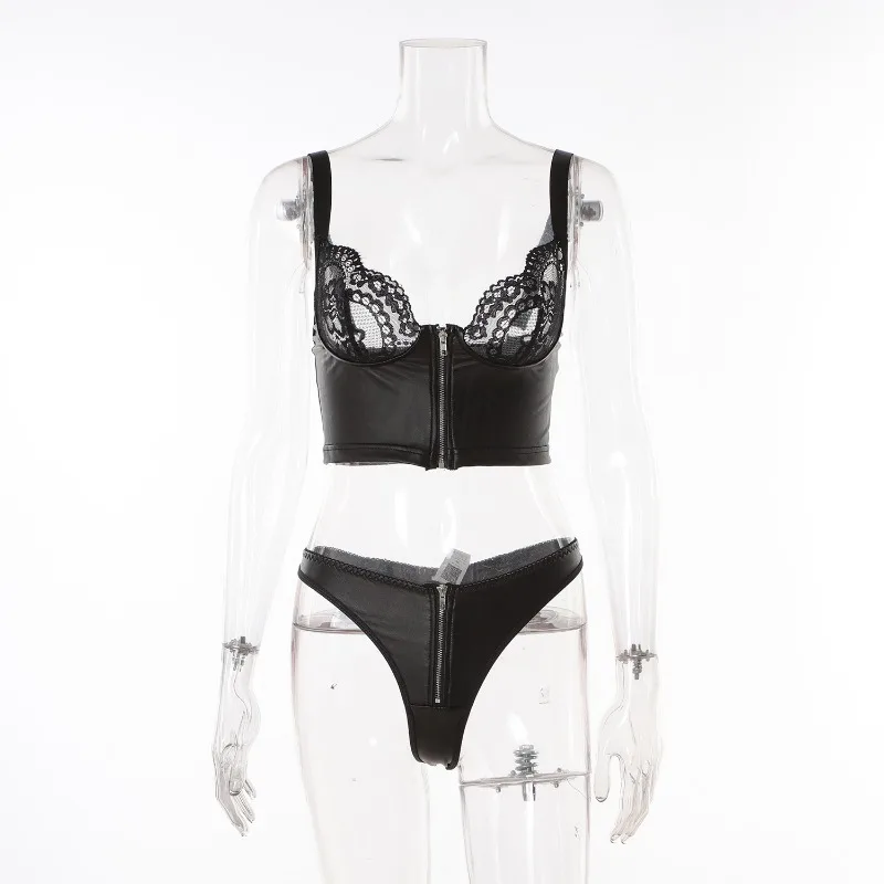 

Toucheart сексуальное женское нижнее белье из искусственной кожи, сплошной цвет с застежкой-молнией, лоскутное сетчатое кружево, прозрачный комплект с бюстгальтером, сексуальное нижнее белье из искусственной кожи, новинка