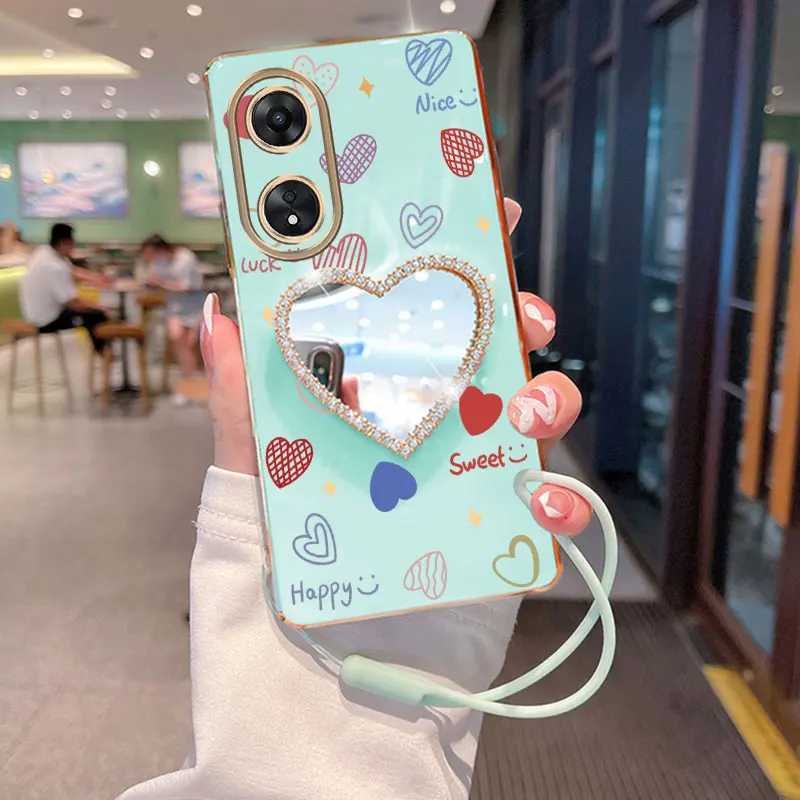 Diamond Strap Lanyard Happy Love Phone Holder Case For Oppo A38 A36 A76 A58 A57 A74 A78 A5 A7 A79 A95 A60 A18 A53 A17 A16 4G 5G