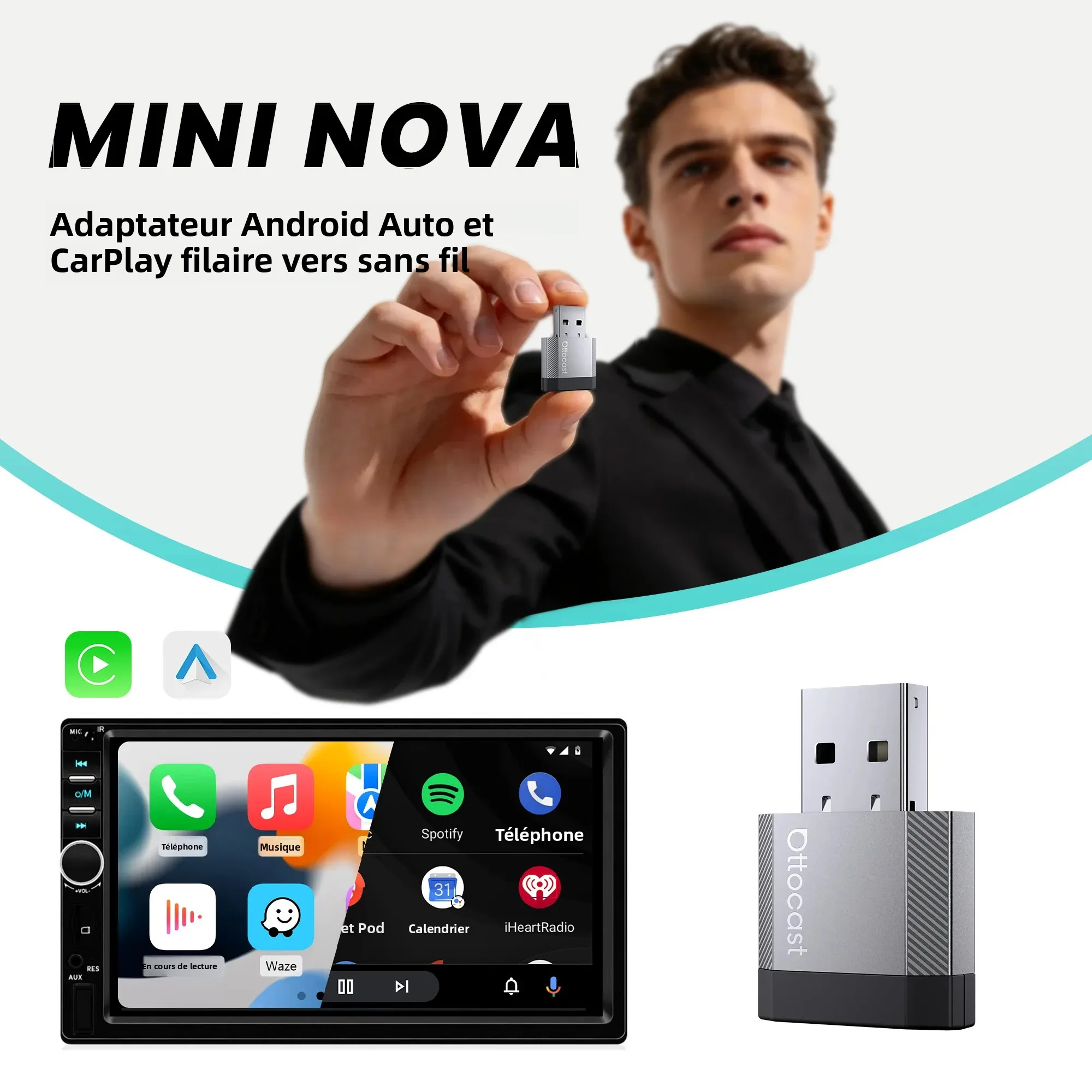 Adaptateur CarPlay Android Auto OTTOCAST Mini Nova filaire vers sans fil 2 en 1, accessoires de voiture pour Benz Audi VW Kia Toyota