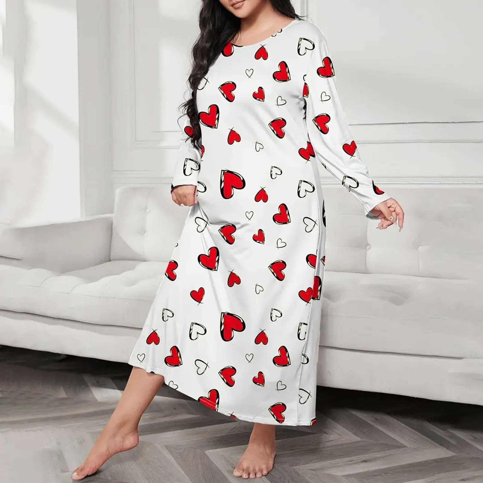 Plus Size Casual Sleep Dress Women\'s Plus Heart Print Long Sleeve Round Neck Medium Sleepwear Summer Women Woman\'s Nightgown