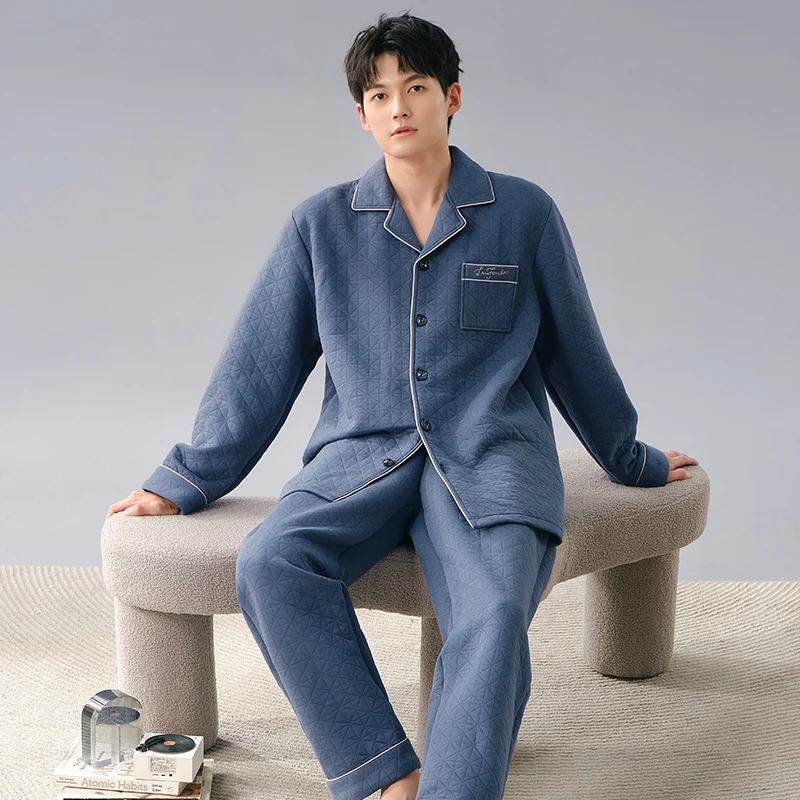 

Winter Cotton Mezzanine Pyjamas Thick Jackets Men's Pajamas Set Sleepwear Pyjamas Nightwear Big Yards M-3XL Quilted Pijamas