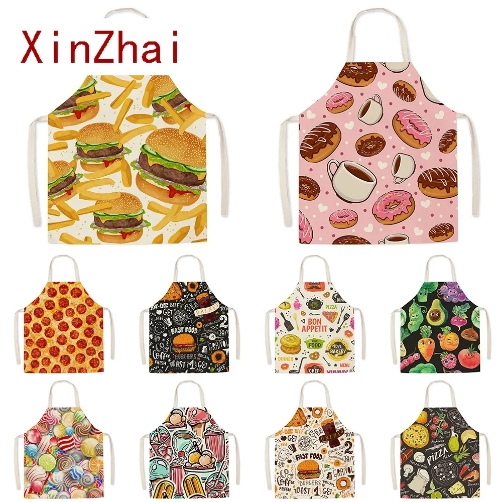 Cute Gourmet Pattern Kitchen Apron Men Burger Fries Pizza Pattern Kids Sleeveless Apron Kitchen Aprons for Women Delantal Cocina