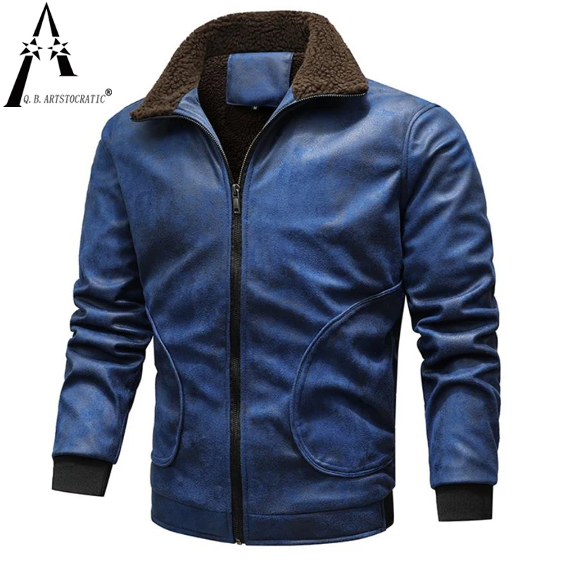 

New Bomber Winter Fleece PU Overcoat Stylish Men's Streetwear Leather Coats Motorcycle Pilot Jackets Handsome Biker Faux Leather