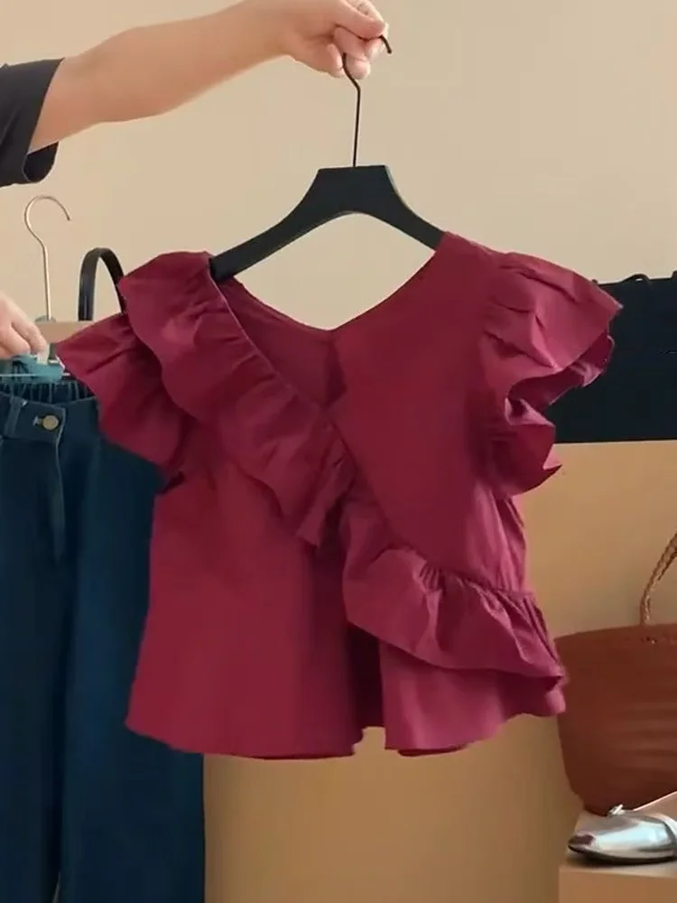 Summer Dopamins Solid Color Elegant Casual Shirt Women's V-Neck Ruffle Stitch Flying Sleeve Pullover Fashion Explosive Short Top