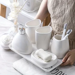 4/5 Pcs Modern Ceramic Bathroom Accessory Set with Pump Dispenser Tumbler Toothbrush Holder and Soap Dish Bathroom Supplies