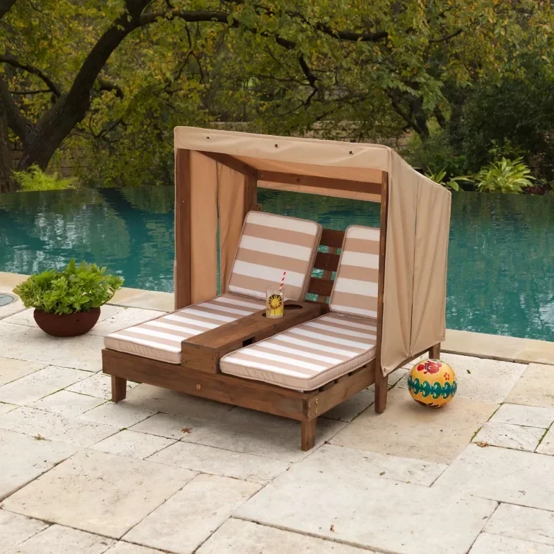 KidKraft Wooden Outdoor Double Chaise Lounge, Cup Holders, Espresso