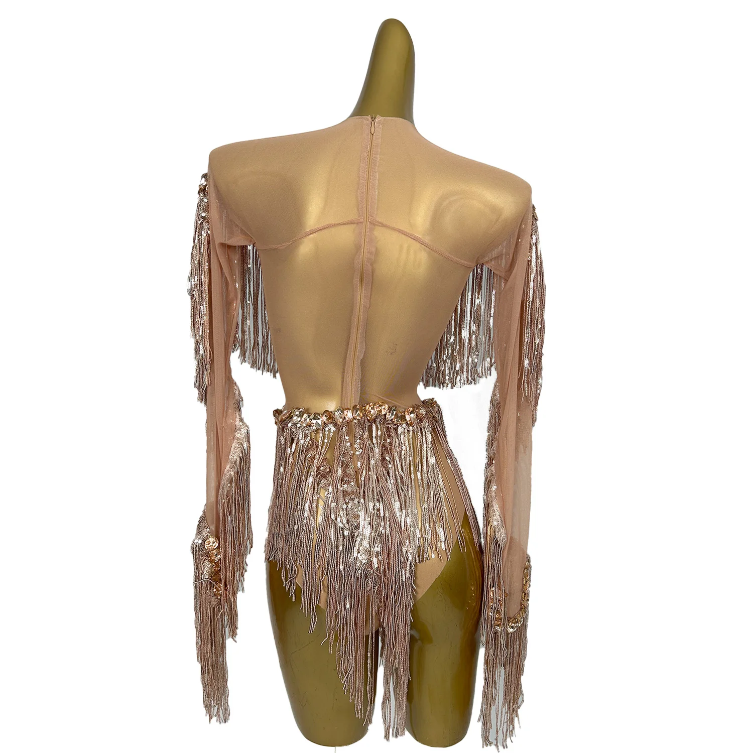 

Weixiao Shiny Gold Women Party Dress Sexy See Through Mesh Sequins Tassel Jumpsuit Latin Dance Pole Dance Bar Performance Outfit