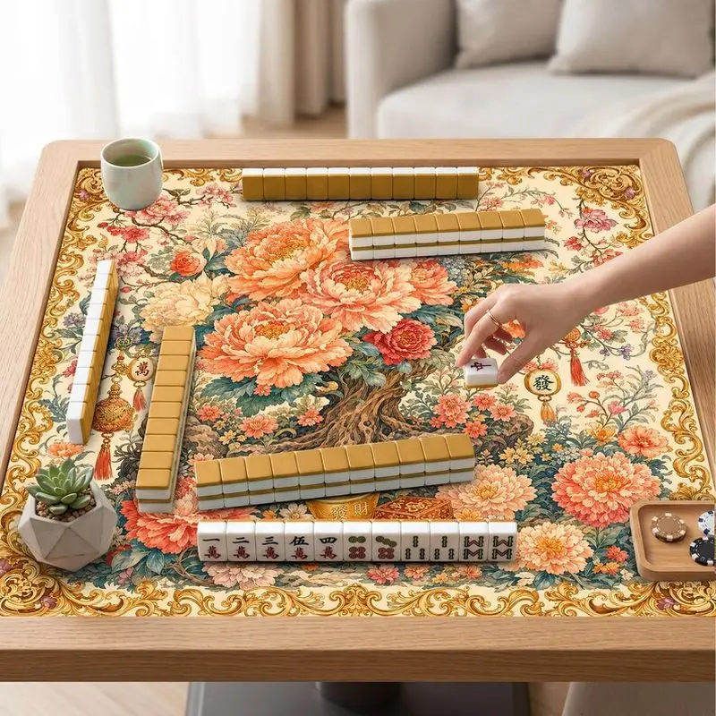 VIKAMA Chinese Peony Mahjong Mat Vintage Gold Ingot Print Non Slip Noise Reduction Table Pad For Game Room Home Decor Carpet