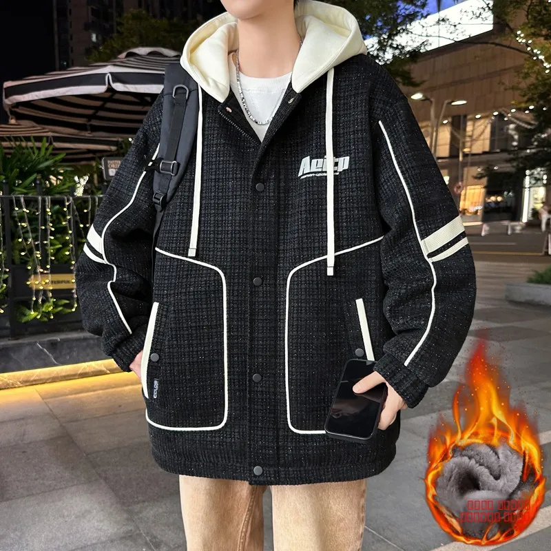 

Hooded Jaet Men's Autumn Winter Loose Fce Lined Inner Cotton 2025 Autumn Winter Youth Top Color Blo Casual Wear