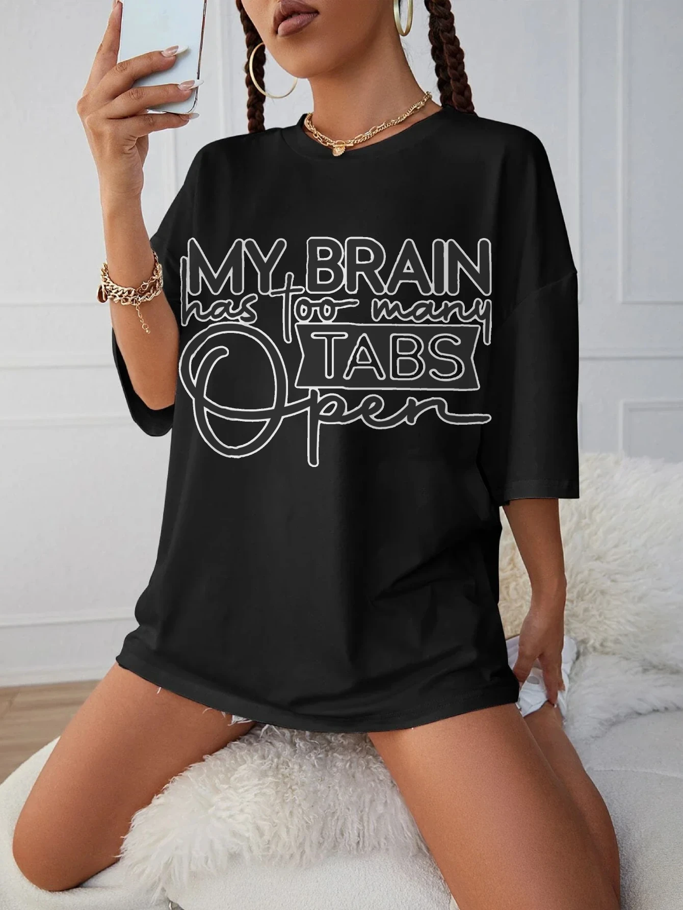 

My Brain Has Too Many Tabs Open Удобная черная футболка для беременных с круглым вырезом свободного покроя идеально подходит для позднего беременности