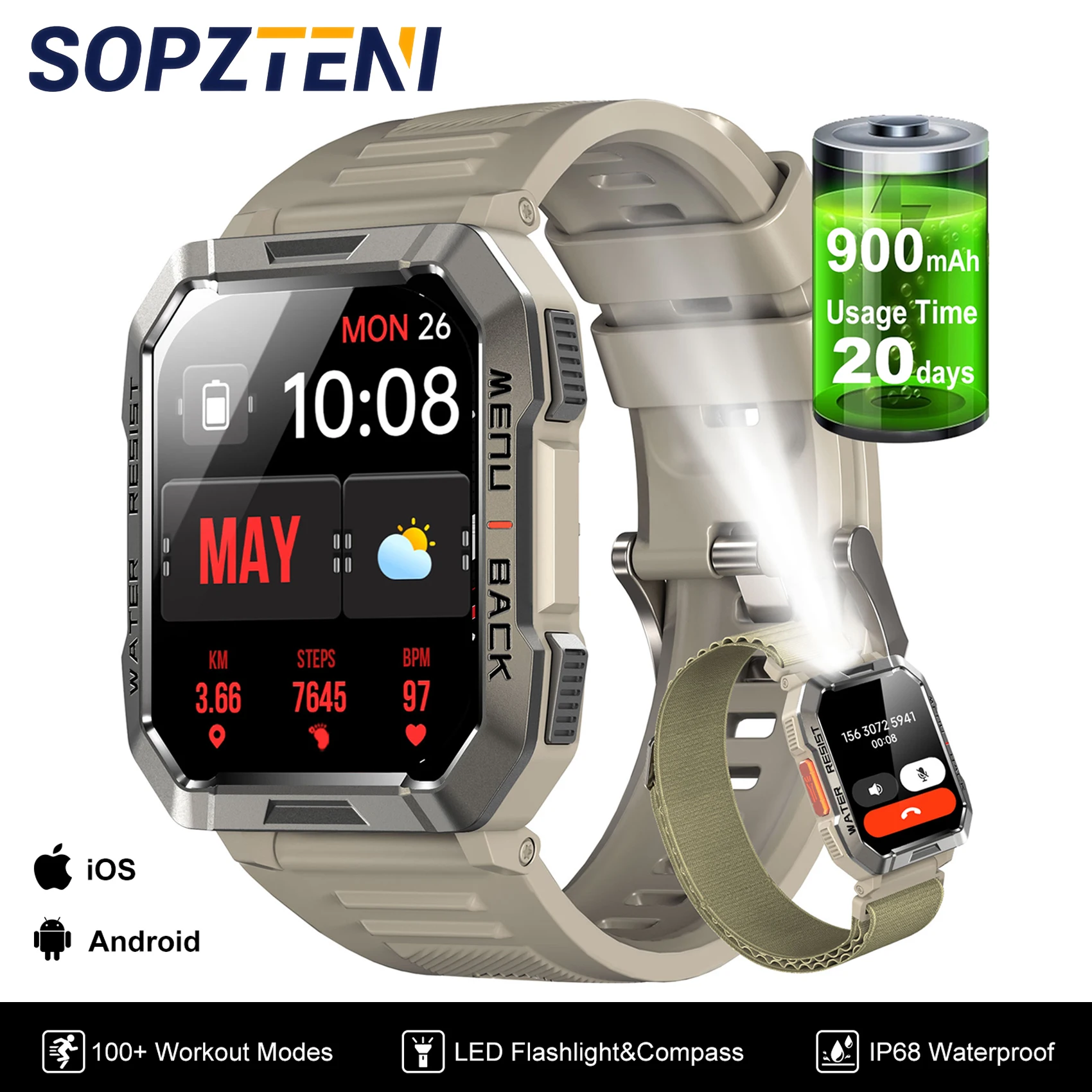 

IP68 Waterproof Outdoor Sport Smart Watch with Emergency Lighting 2.01'' Display Bluetooth Women Men Smartwatch for IOS Android