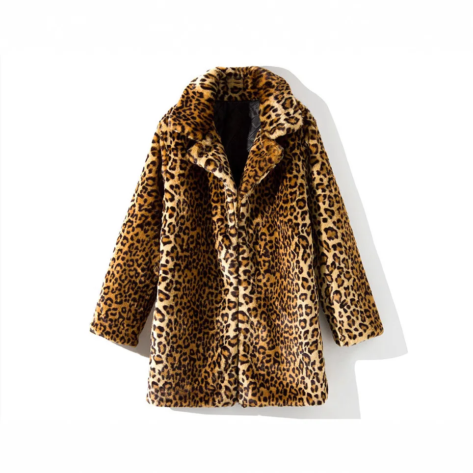Fashion Women Faux Fur Leopard Print Coat Female Sexy All-Match Mid-Length Suit Collar Warm Outerwear