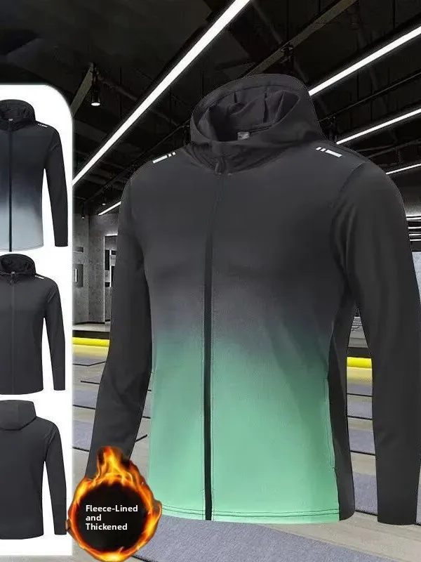 Men's Fleece Lined Running Jacket Autumn Winter Outdoor Sports Windproof Breathable Quick Dry Moisture Wicking Hooded Coat
