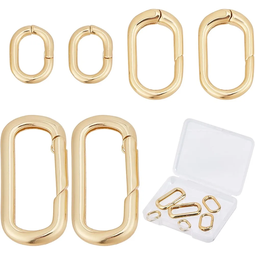 1 Box 6Pcs 3 Sizes Brass Oval Key Rings Spring Gate Ring Small 18k Gold Keychain Carabiner Lock Clasps Connector Fastener