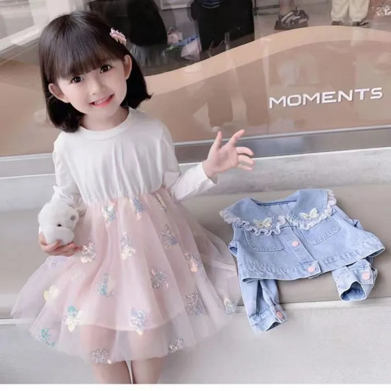 Kids Girl Clothes Outfits Set Sort Denim Jacket + Princess Tutu Dress Suit For Children Girl Baby Birthday Spring and Autumn Set