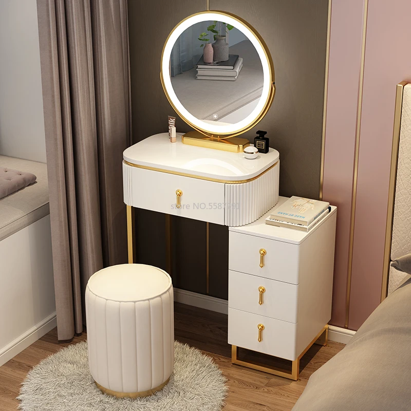 Meuble de maquillage en ardoise avec miroirs pour filles, vanité de maquillage minimaliste intégrée, armoire de rangement de chevet pour chambre à