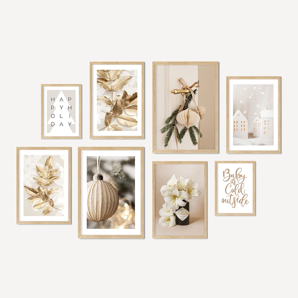 Adorno de gin dorado, hojas, puerta decorada con flores, carteles de árbol de Navidad para habitación, lienzo impreso, pintura