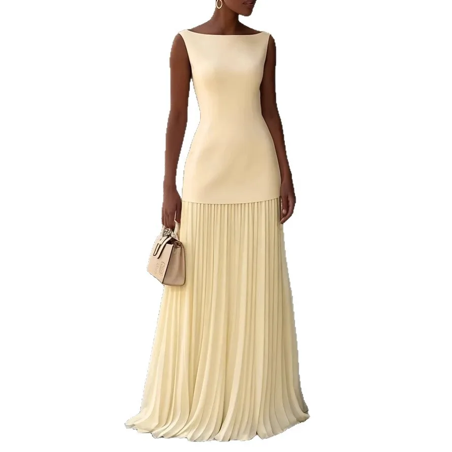 ชุดเซ็ตสองชิ้น เสื้อกั๊กแขนกุดลำลองแบบใหม่ ปี 2025 + กระโปรง ชุดสูทกระโปรงยาวจีบสีพื้นเรียบหรูสำหรับผู้หญิง ฤดูร้อน