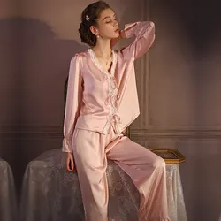 Pajamas Set Satin Nightwear Long Sleeve Trousers Suit 2Pcs Loungewear Women Elegant Lace Trim Shirt&pants Loose Home Clothes