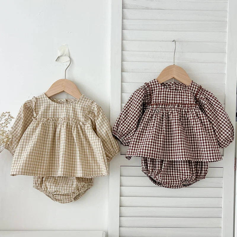 Baby Cotton Clothing Sets 0-2Yrs Autumn New Baby Girl Clothes Set Plaid Tee And Bloomer 2pcs Toddler Kids Vest + Shorts Suit