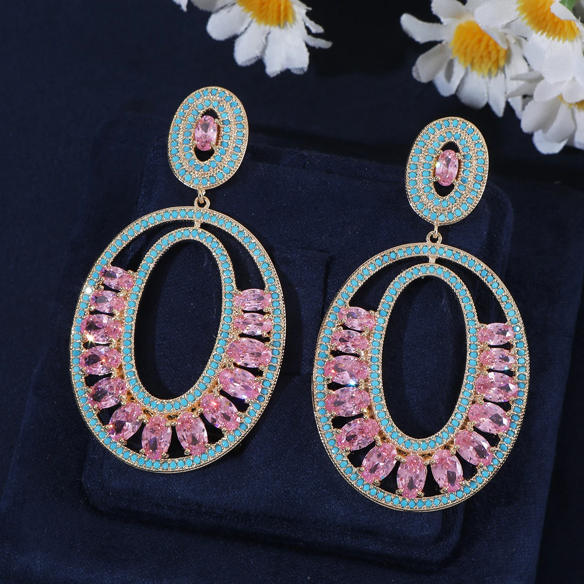 Double layer elliptical full set zircon pendant earrings with hollow layered earrings for women's heavy industry earrings A0389